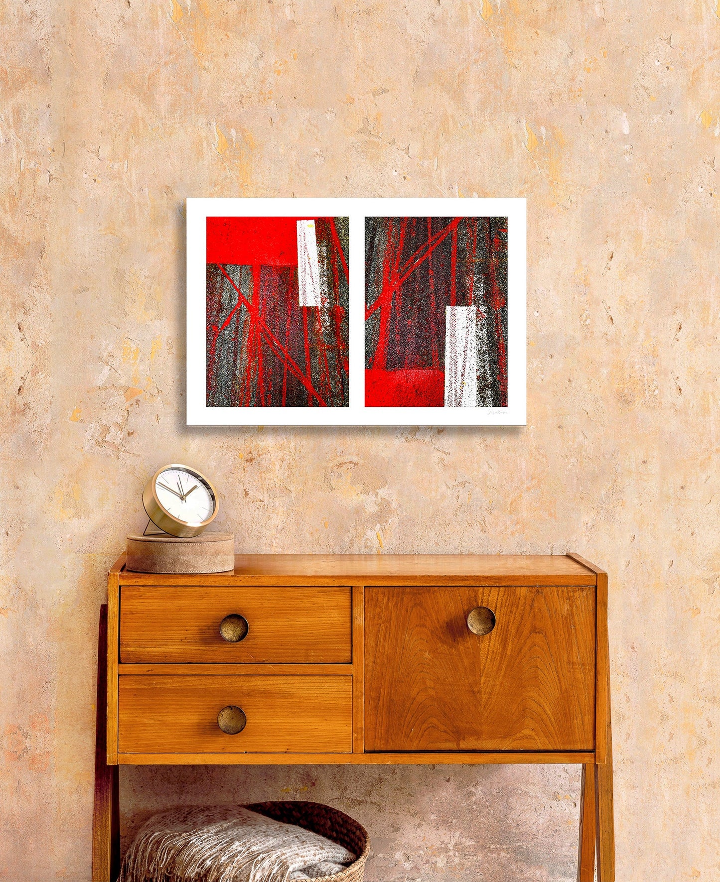Abstract photograph diptych of red tire tracks and white lines