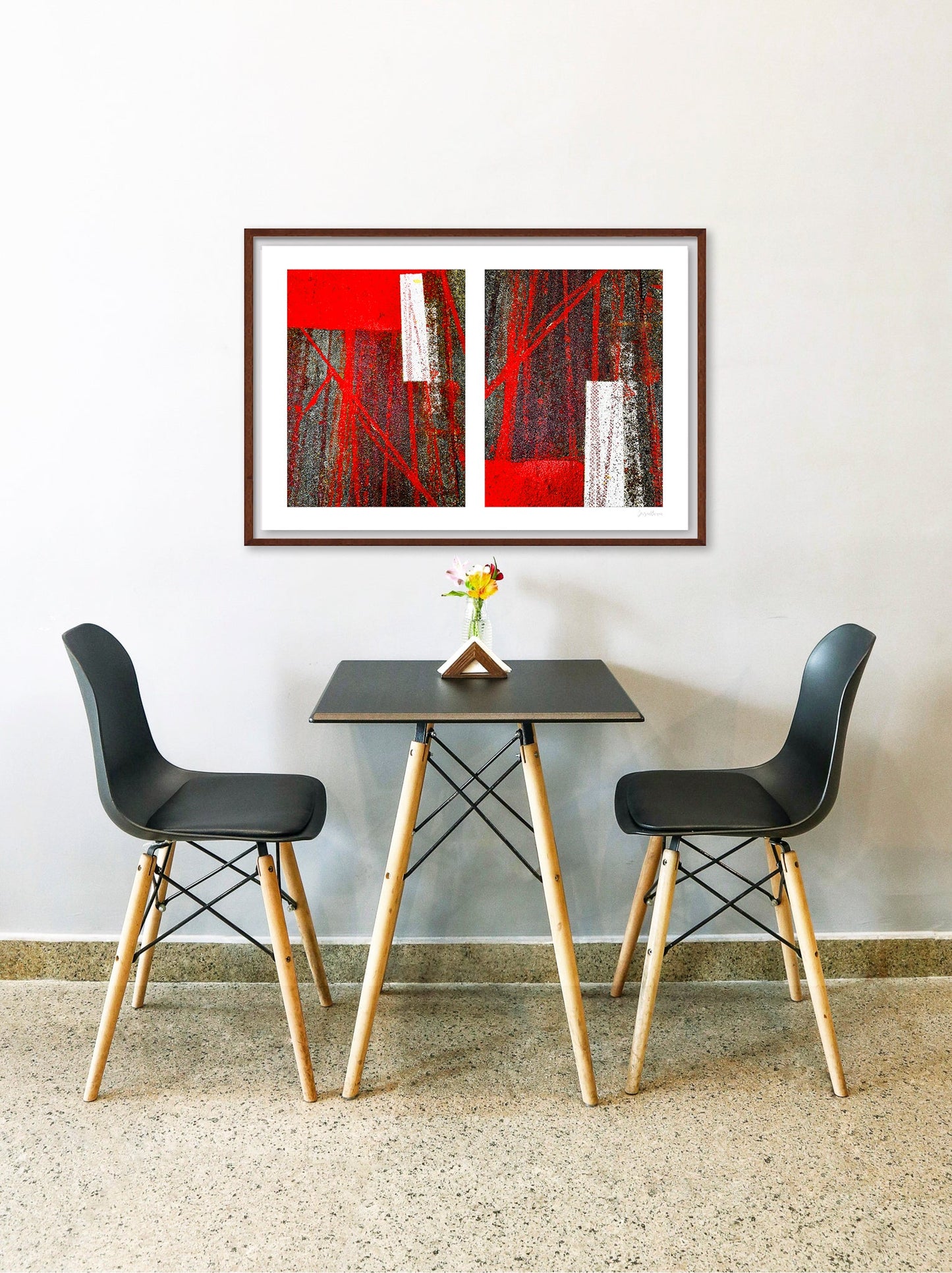 Abstract photograph diptych of red tire tracks and white lines