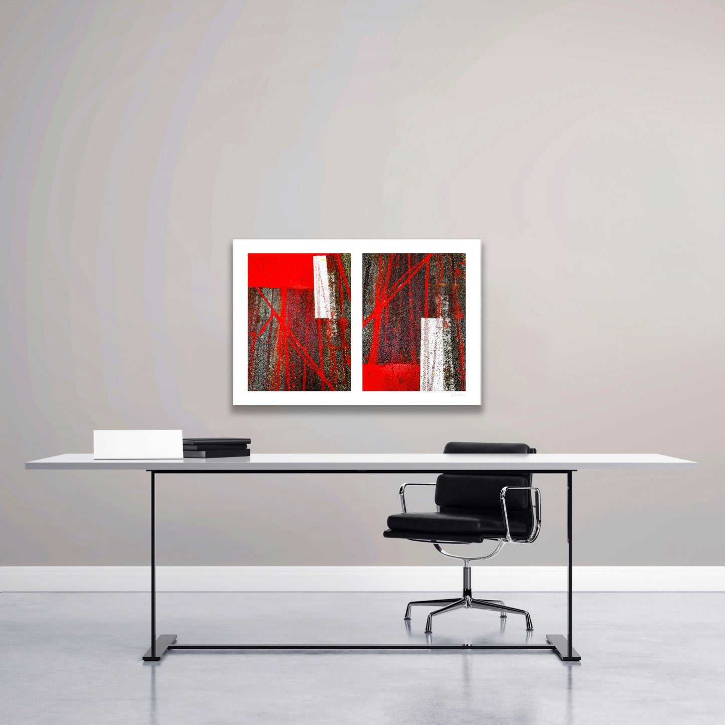 Abstract photograph diptych of red tire tracks and white lines