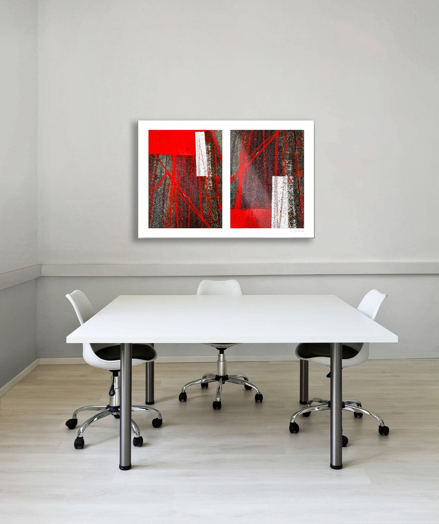 Abstract photograph diptych of red tire tracks and white lines