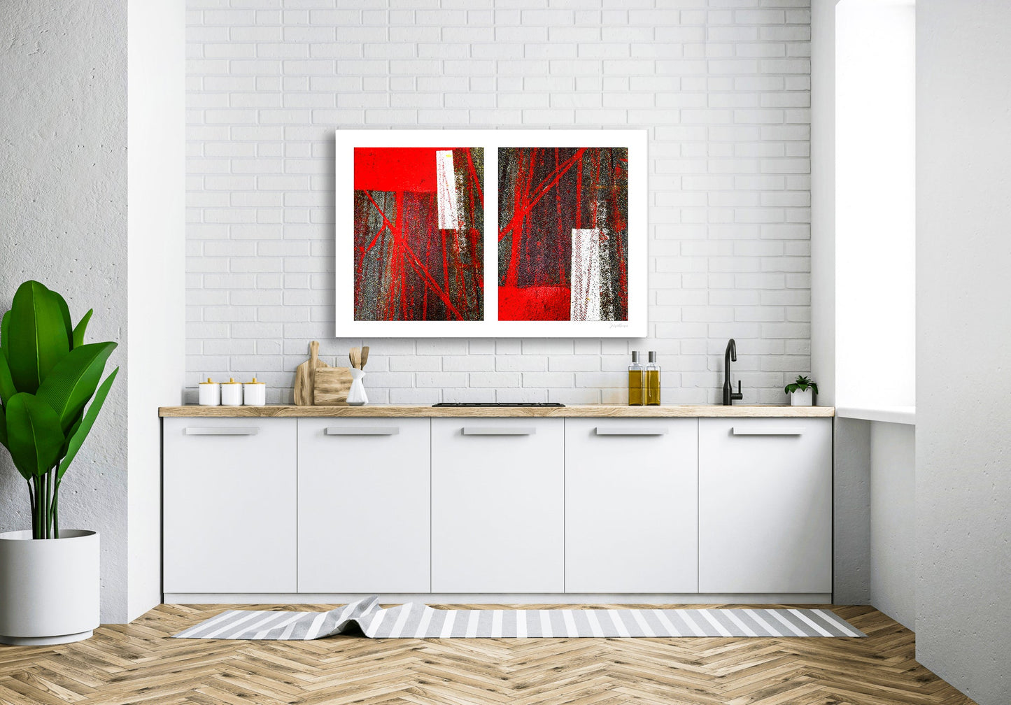 Abstract photograph diptych of red tire tracks and white lines