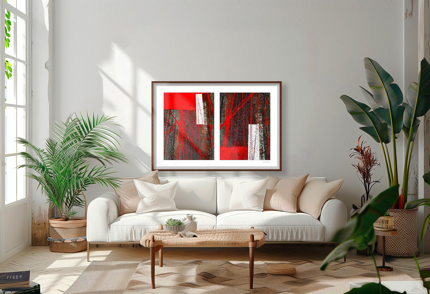Abstract photograph diptych of red tire tracks and white lines