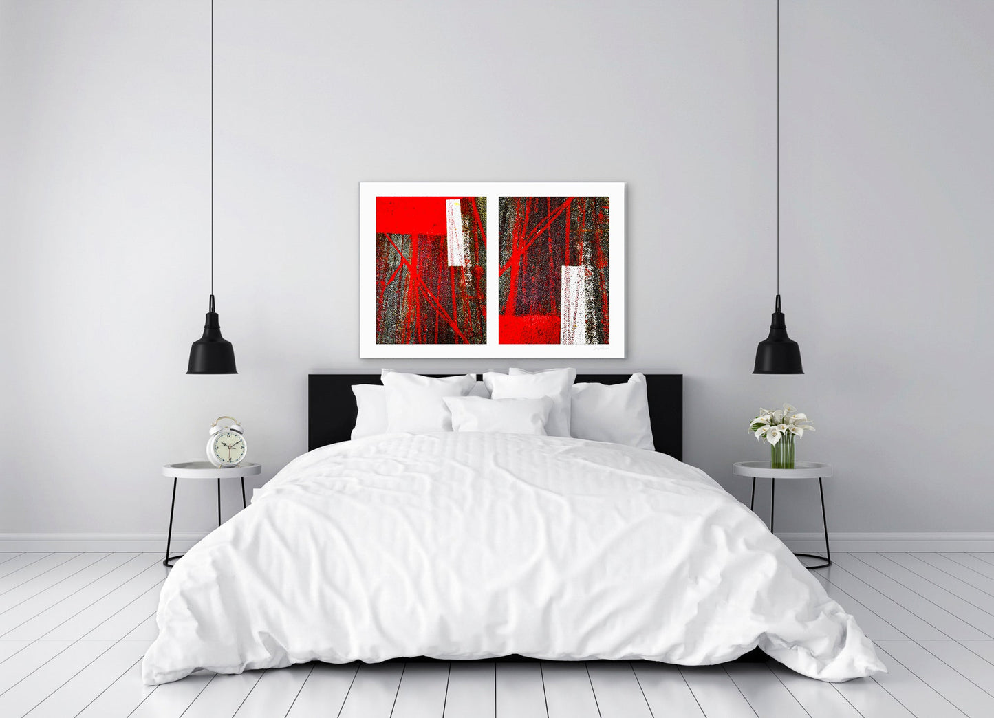 Abstract photograph diptych of red tire tracks and white lines