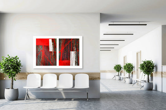 Abstract photograph diptych of red tire tracks and white lines