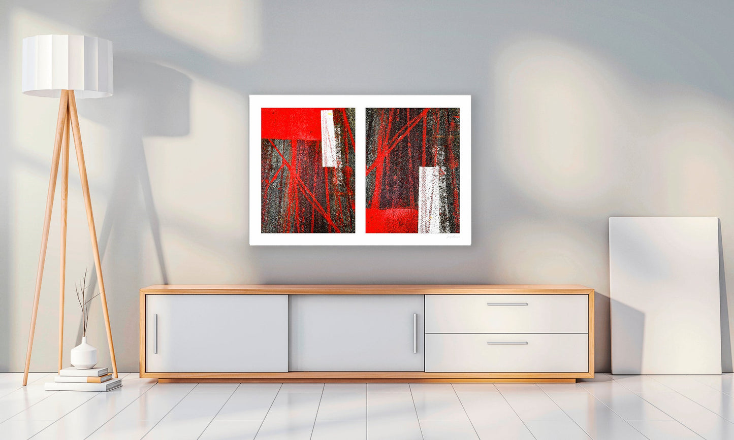 Abstract photograph diptych of red tire tracks and white lines