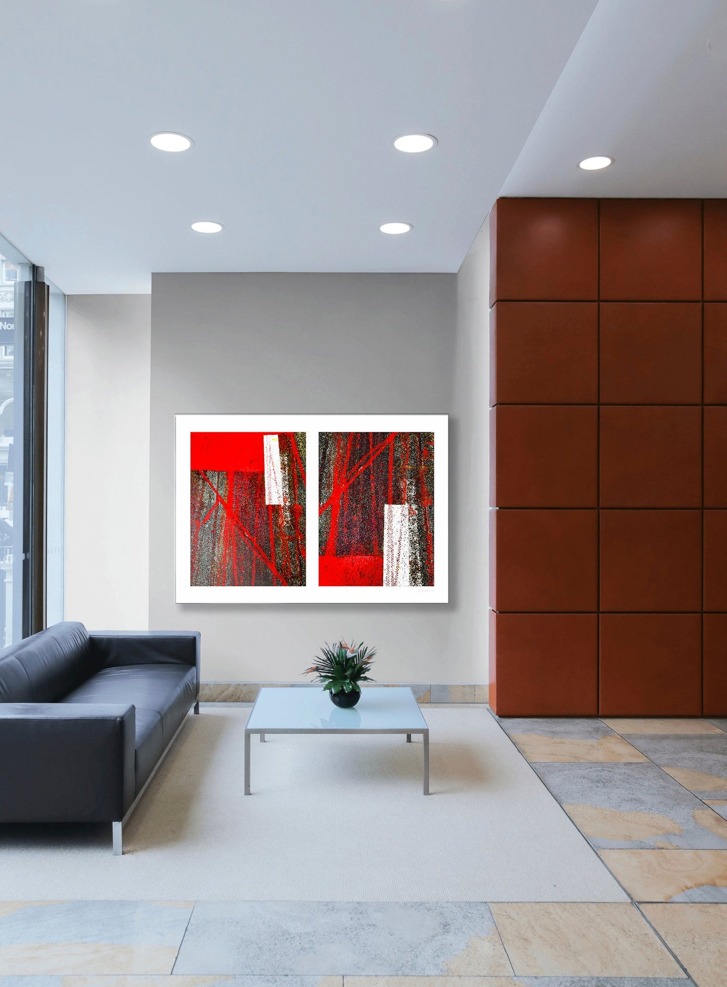 Abstract photograph diptych of red tire tracks and white lines