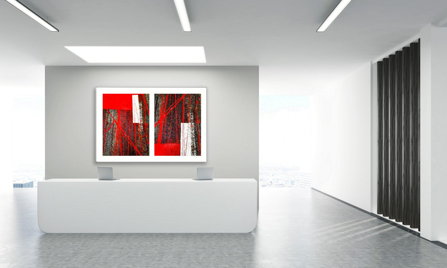 Abstract photograph diptych of red tire tracks and white lines