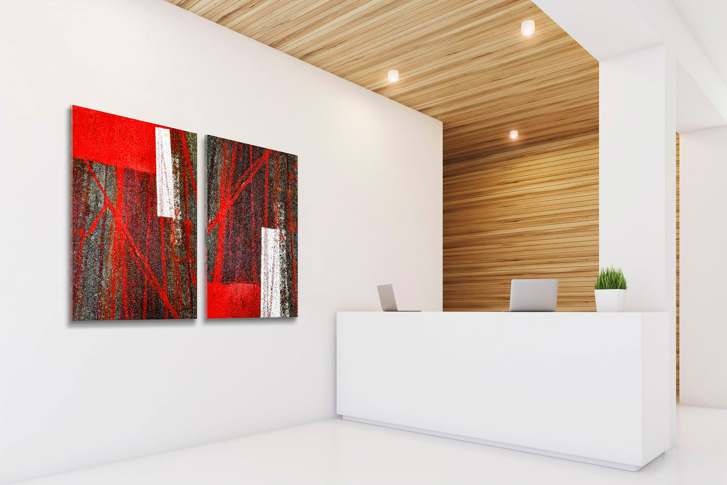 Abstract photograph diptych of red tire tracks and white lines