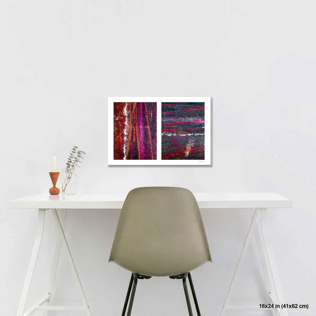 Colorful Bike Tracks Abstract artwork by Susan Bowen, shown as 16x24 print. Features bicycle tracks through wet paint yield a richly chromatic abstract diptych in red, orange, purple, and dark asphalt gray.