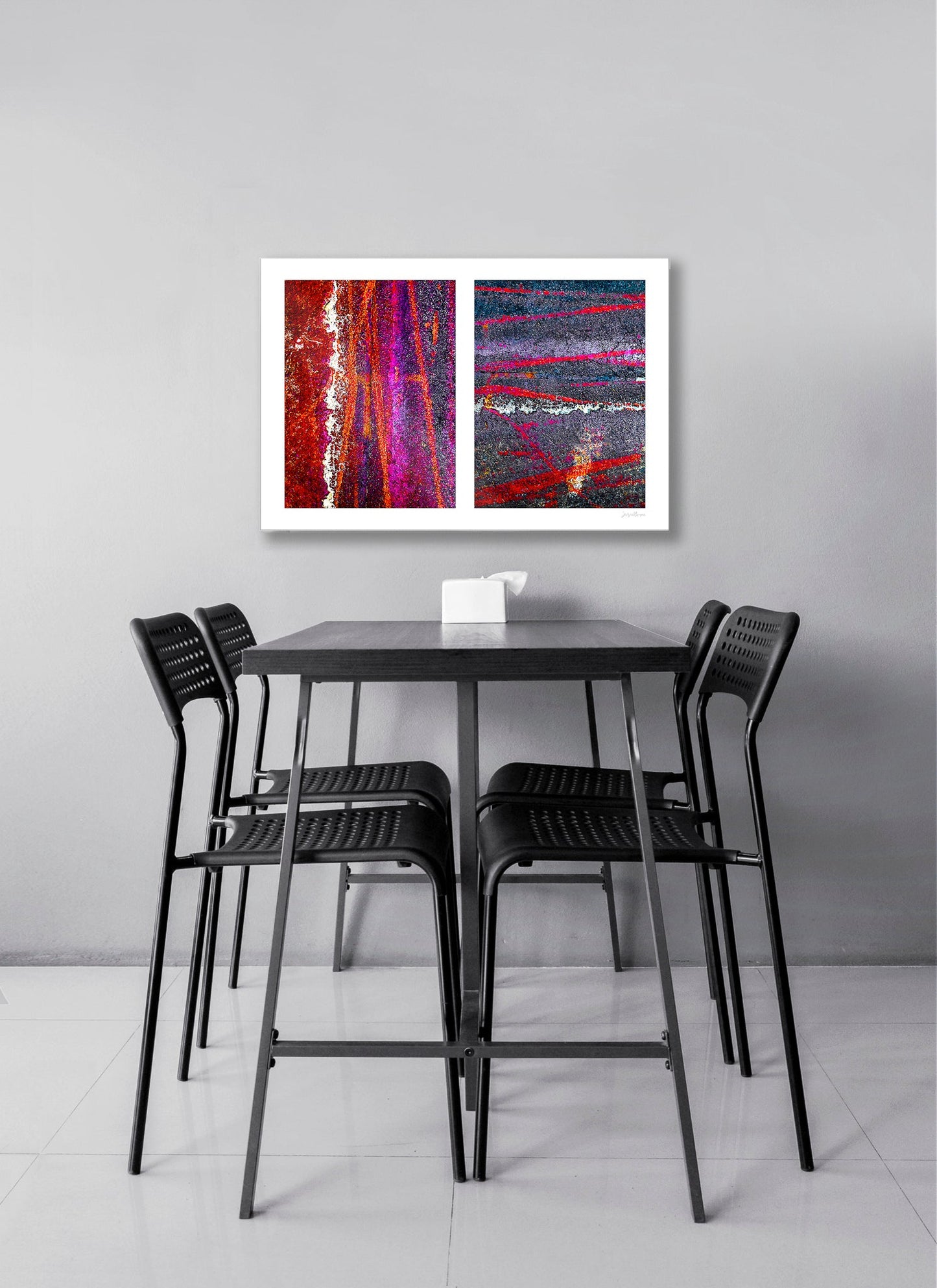 Abstract photograph diptych of colorful tire tracks on roadway