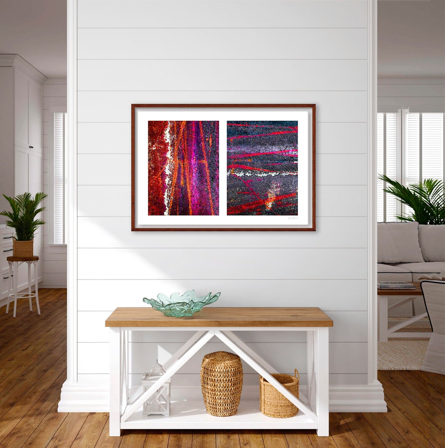 Abstract photograph diptych of colorful tire tracks on roadway