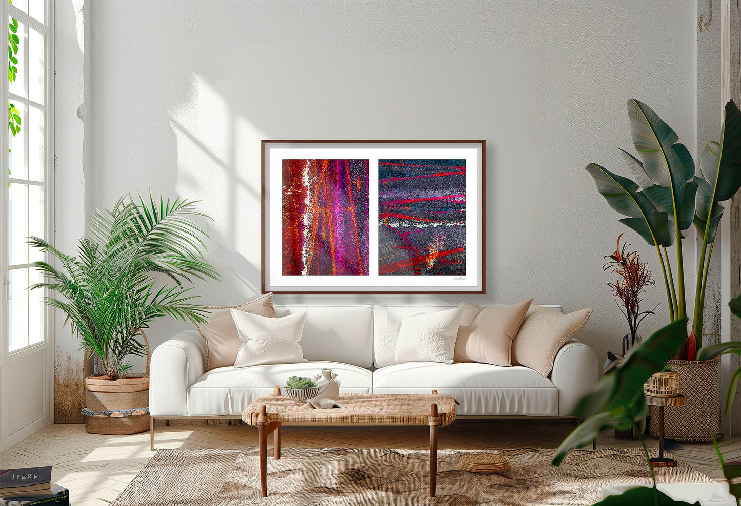 Abstract photograph diptych of colorful tire tracks on roadway
