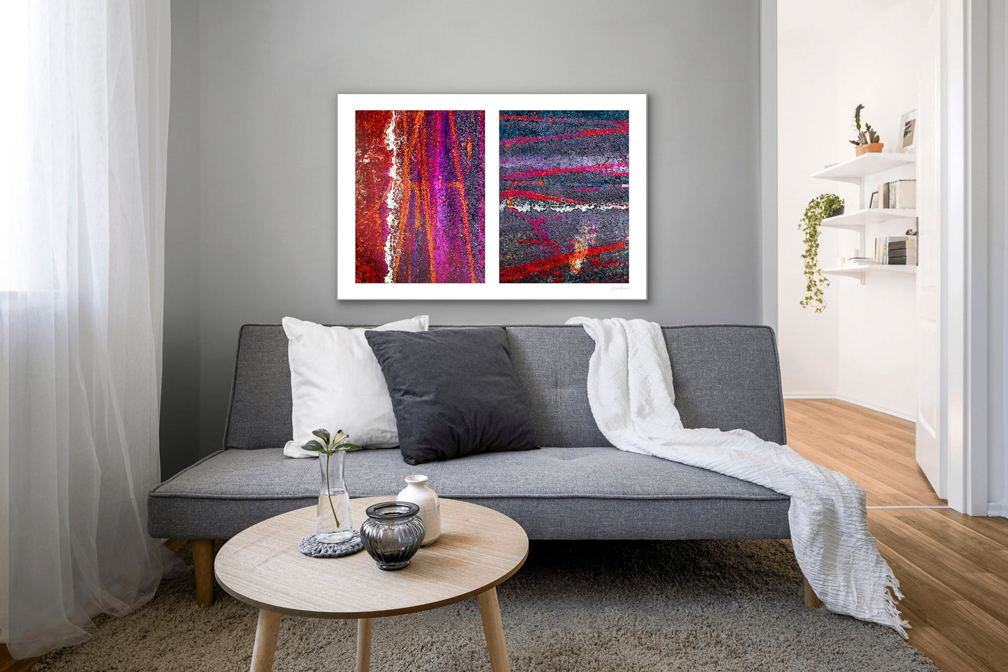 Abstract photograph diptych of colorful tire tracks on roadway