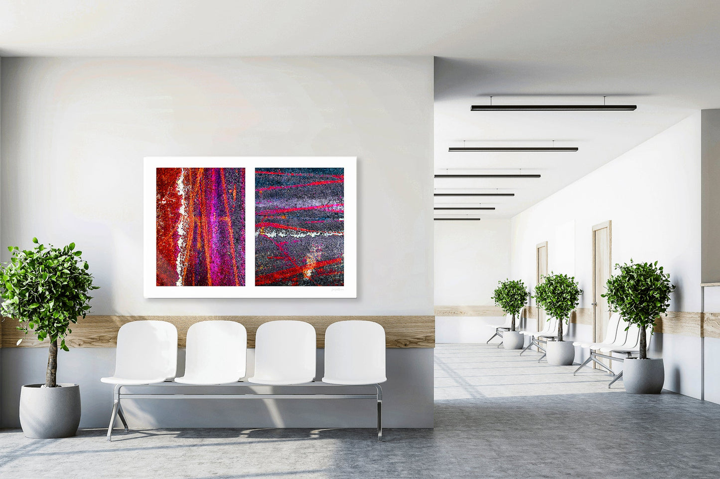 Abstract photograph diptych of colorful tire tracks on roadway