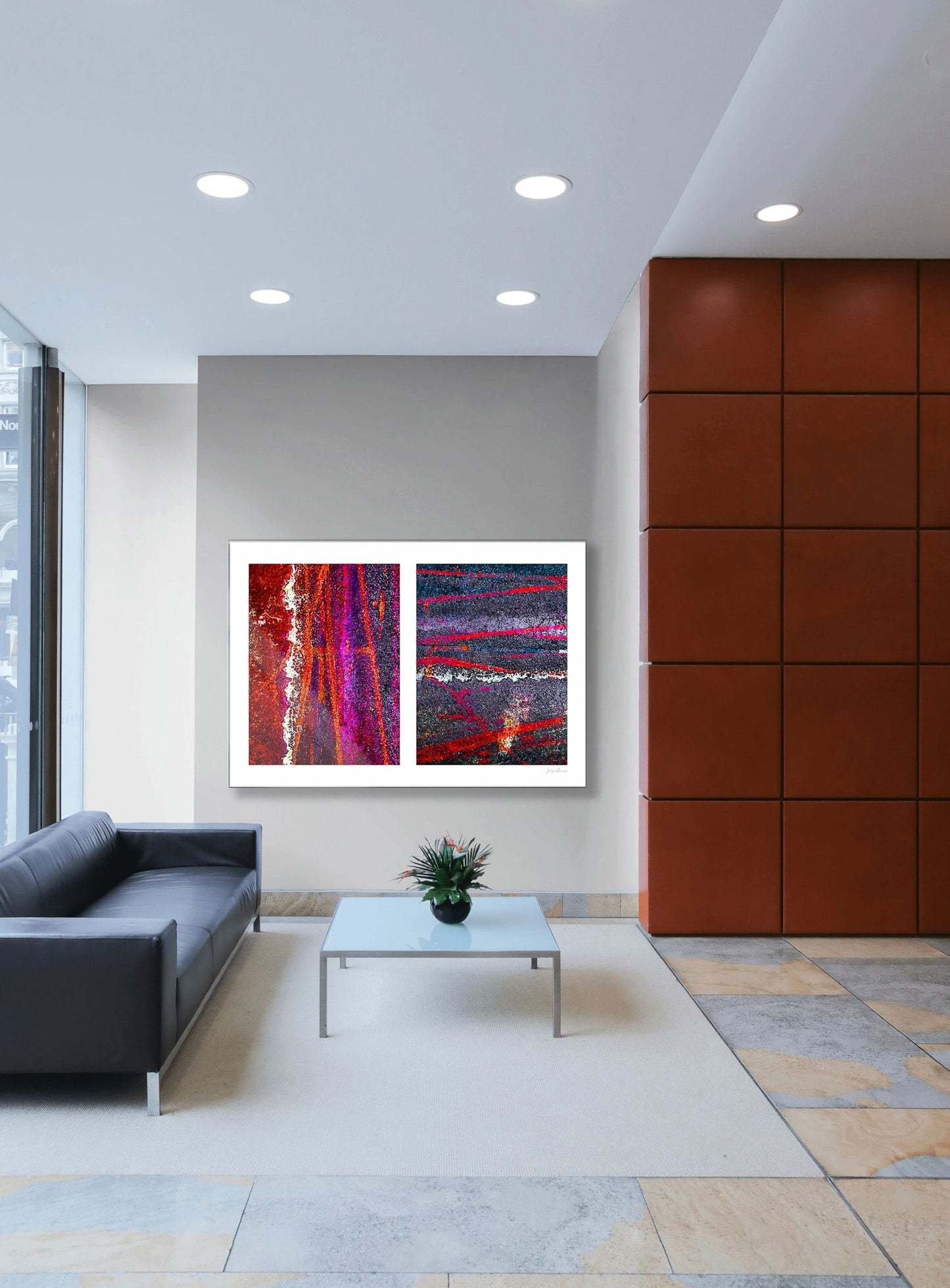 Abstract photograph diptych of colorful tire tracks on roadway