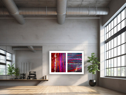 Abstract photograph diptych of colorful tire tracks on roadway