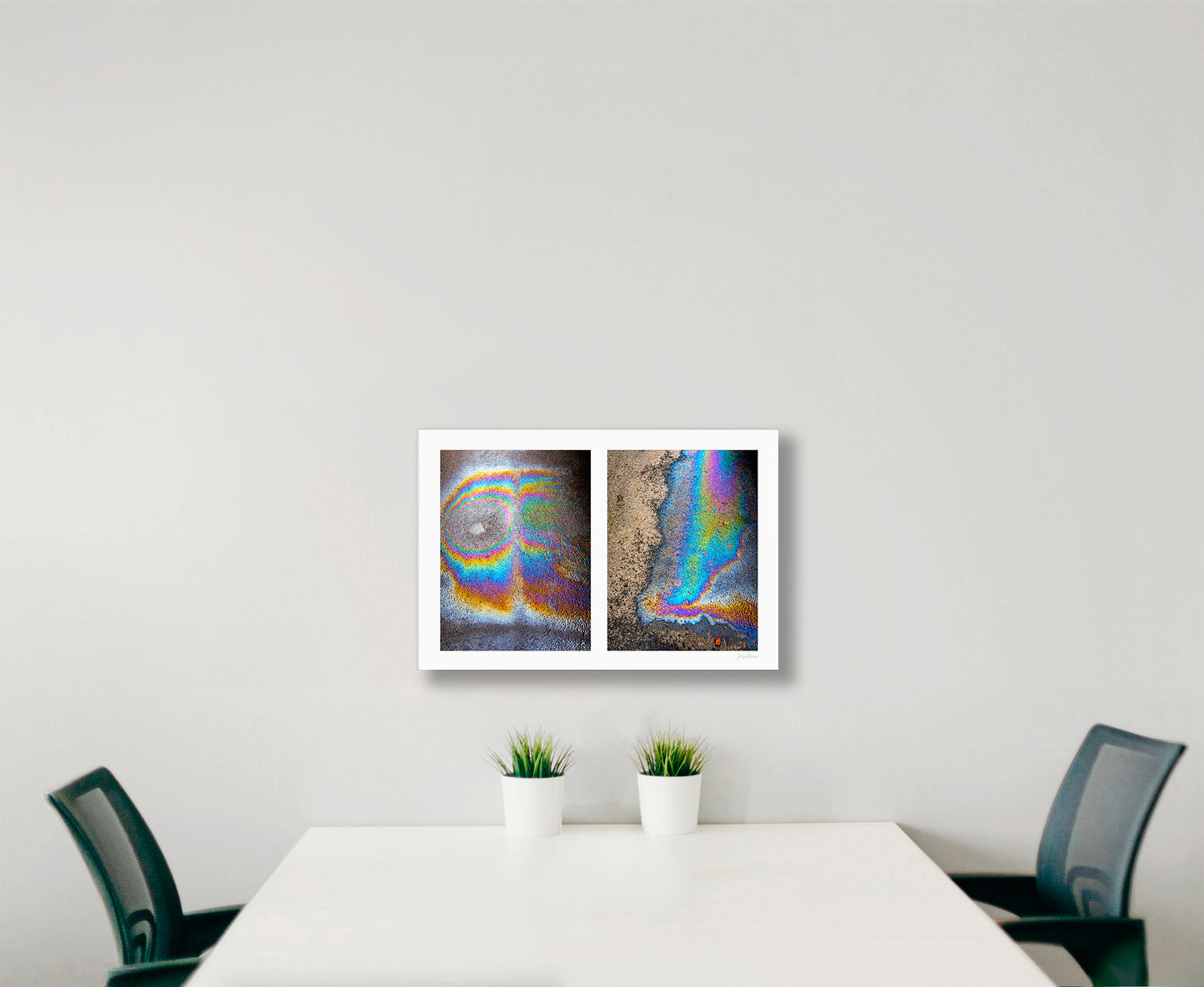 A diptych of two abstract photographs of oil spills on an asphalt surface, with vibrant multicolored patterns.