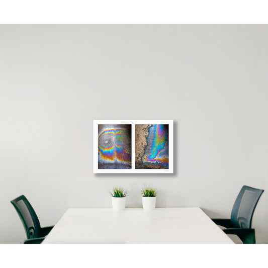 A diptych of two abstract photographs of oil spills on an asphalt surface, with vibrant multicolored patterns.