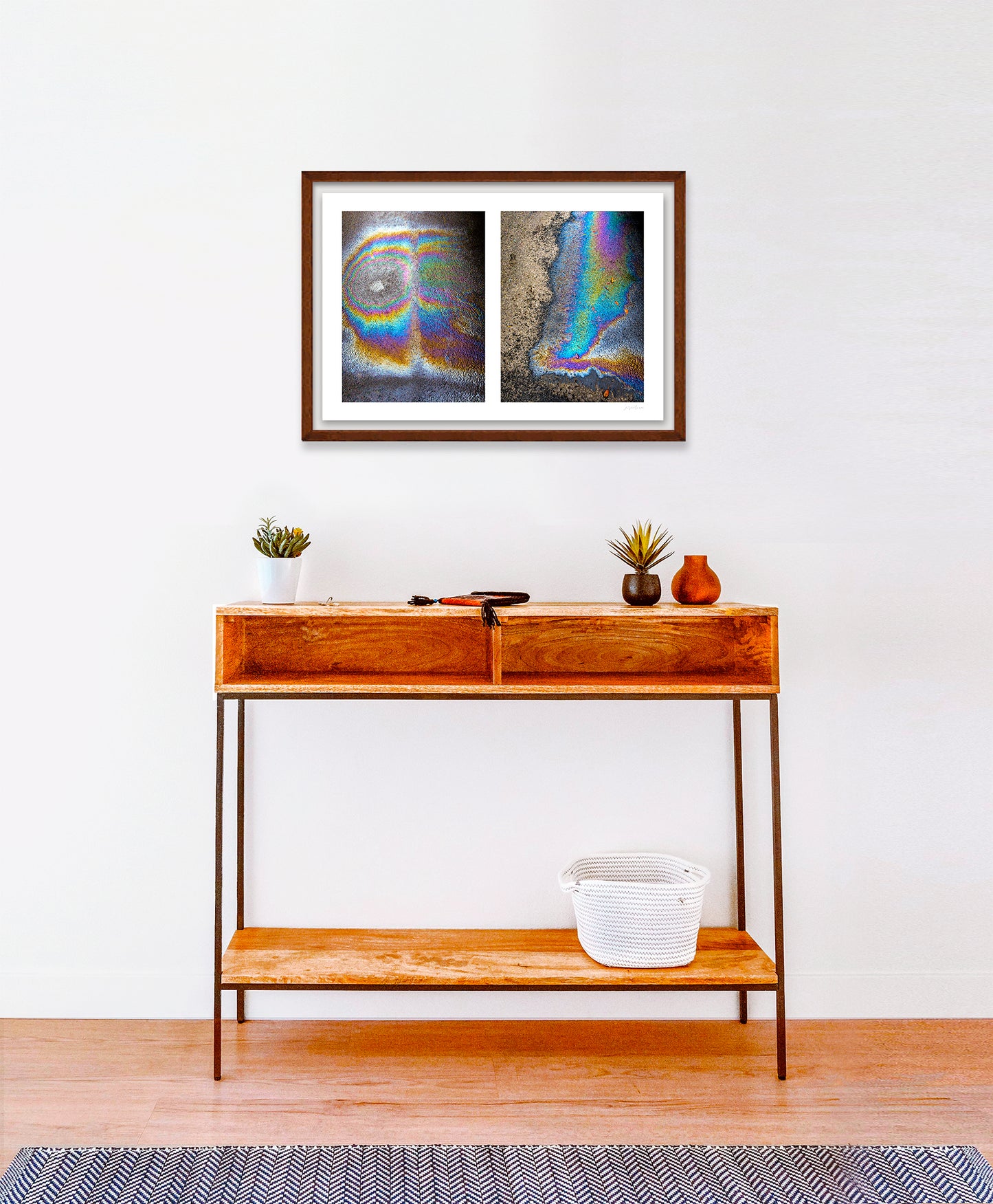 A diptych of two abstract photographs of oil spills on an asphalt surface, with vibrant multicolored patterns.