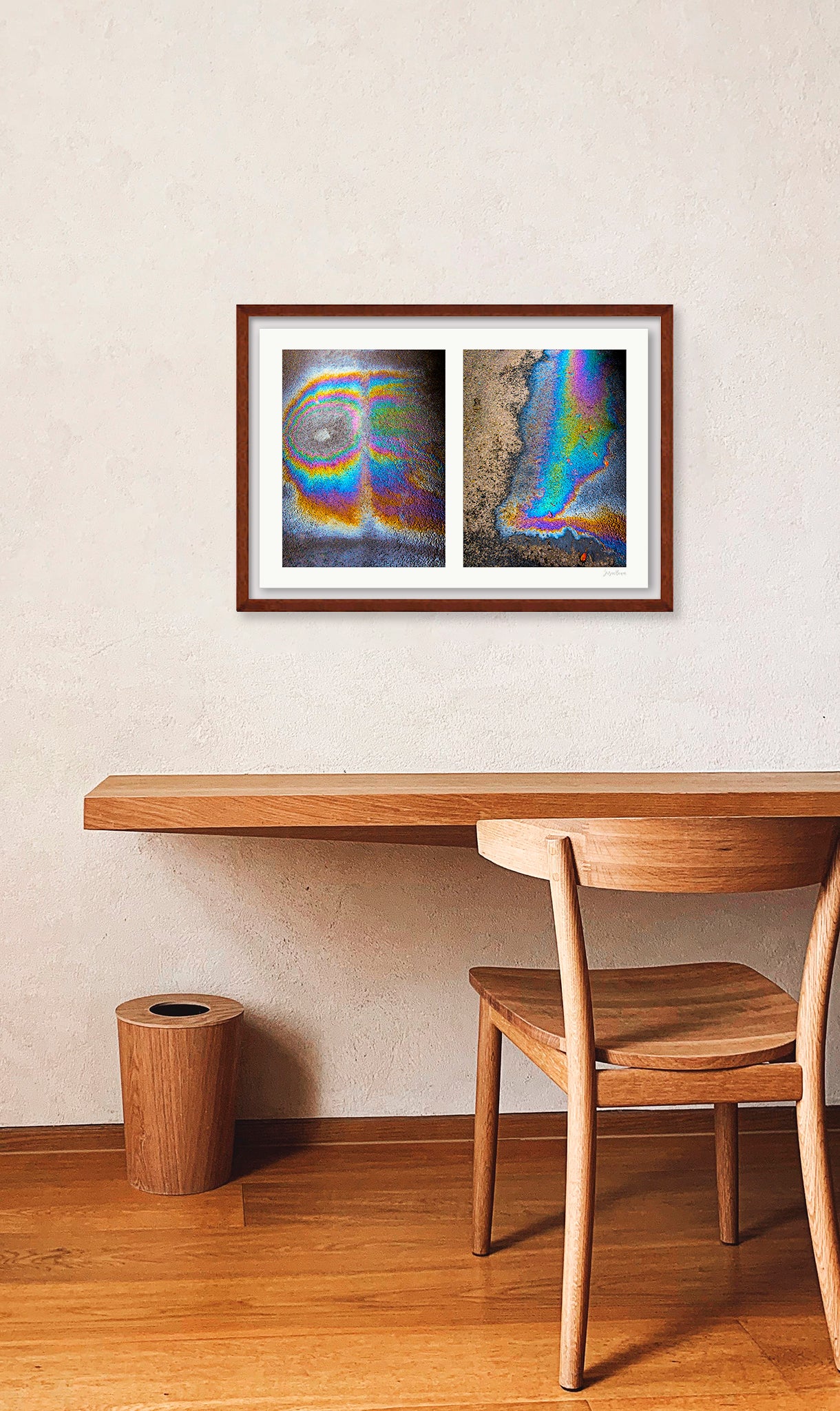 A diptych of two abstract photographs of oil spills on an asphalt surface, with vibrant multicolored patterns.