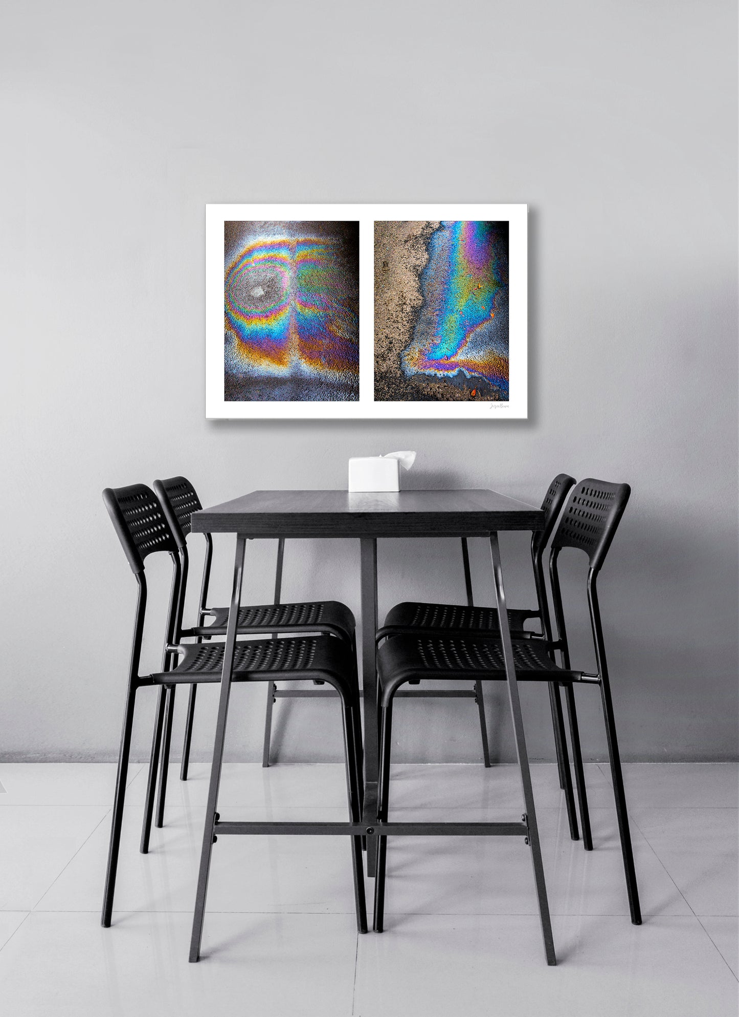 A diptych of two abstract photographs of oil spills on an asphalt surface, with vibrant multicolored patterns.