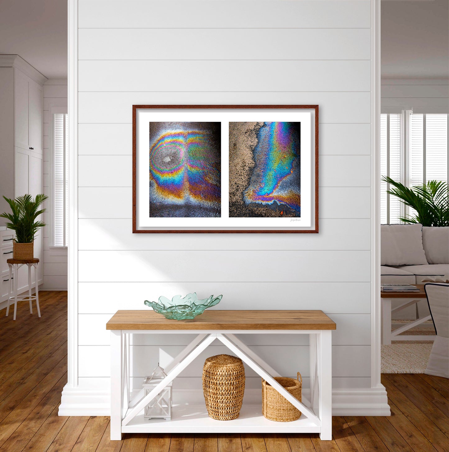 A diptych of two abstract photographs of oil spills on an asphalt surface, with vibrant multicolored patterns.
