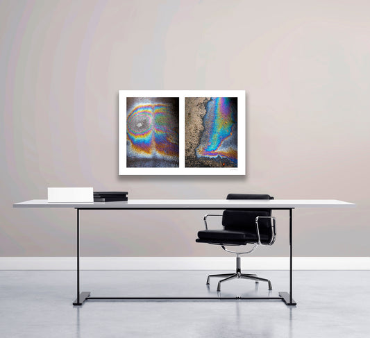 A diptych of two abstract photographs of oil spills on an asphalt surface, with vibrant multicolored patterns.