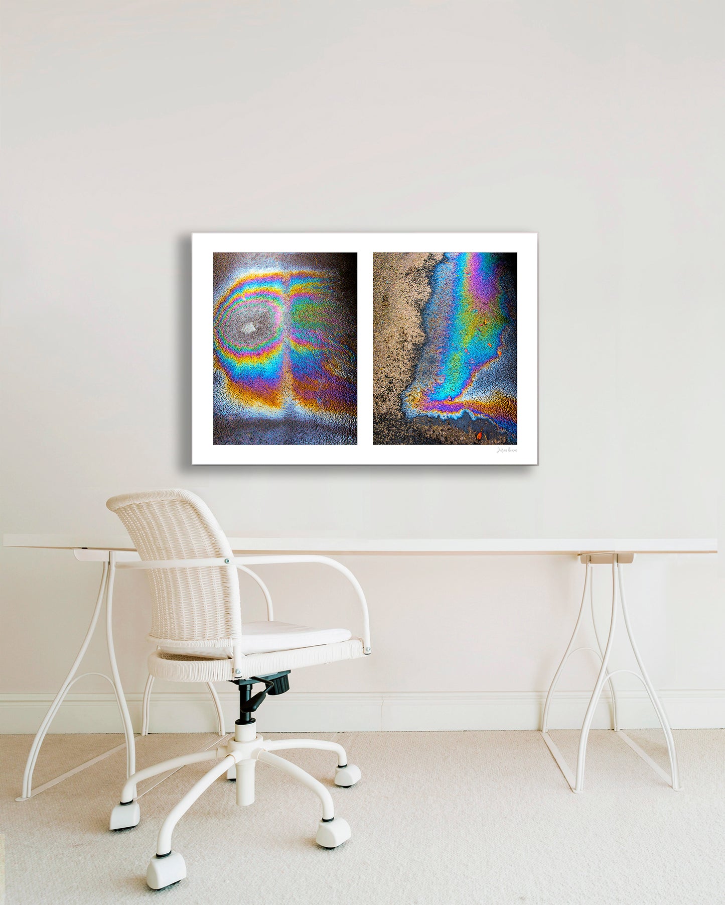 A diptych of two abstract photographs of oil spills on an asphalt surface, with vibrant multicolored patterns.