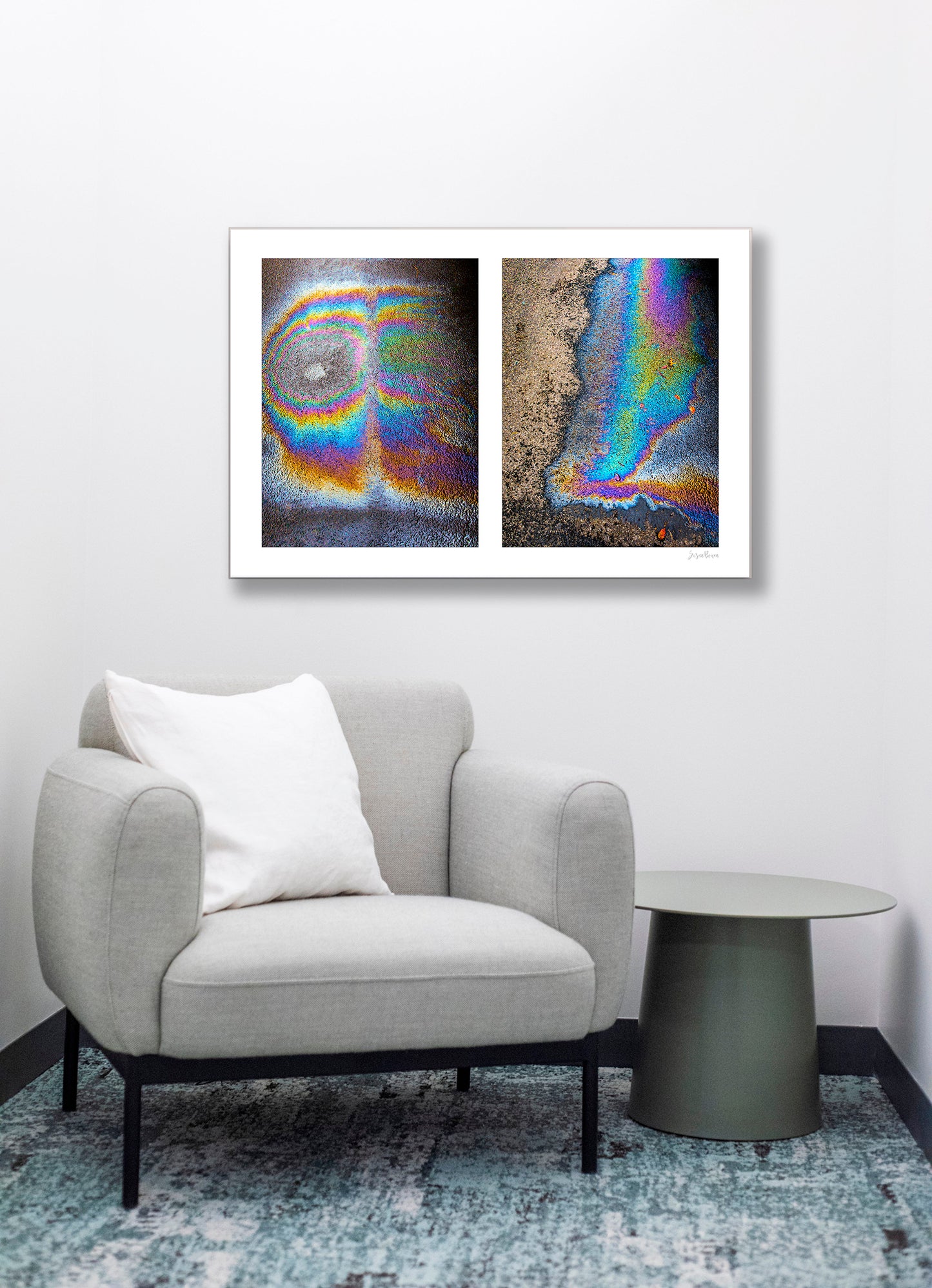 A diptych of two abstract photographs of oil spills on an asphalt surface, with vibrant multicolored patterns.