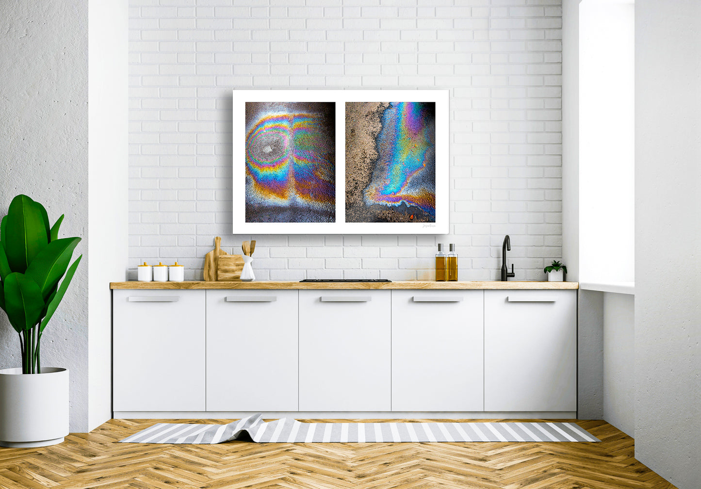 A diptych of two abstract photographs of oil spills on an asphalt surface, with vibrant multicolored patterns.