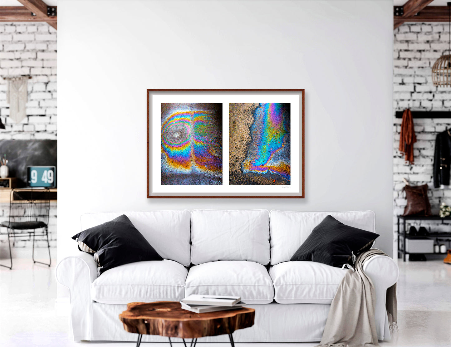 A diptych of two abstract photographs of oil spills on an asphalt surface, with vibrant multicolored patterns.