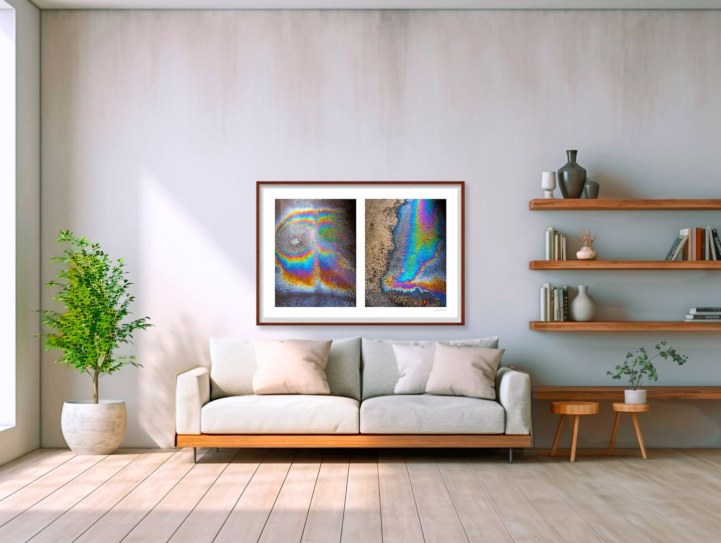 A diptych of two abstract photographs of oil spills on an asphalt surface, with vibrant multicolored patterns.