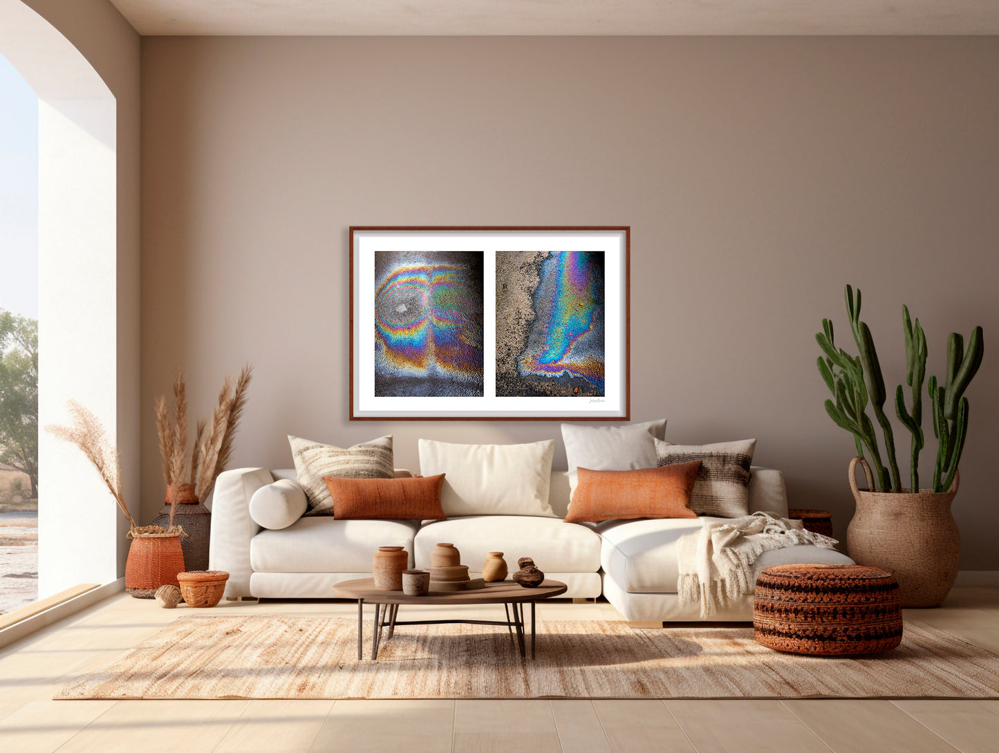 A diptych of two abstract photographs of oil spills on an asphalt surface, with vibrant multicolored patterns.