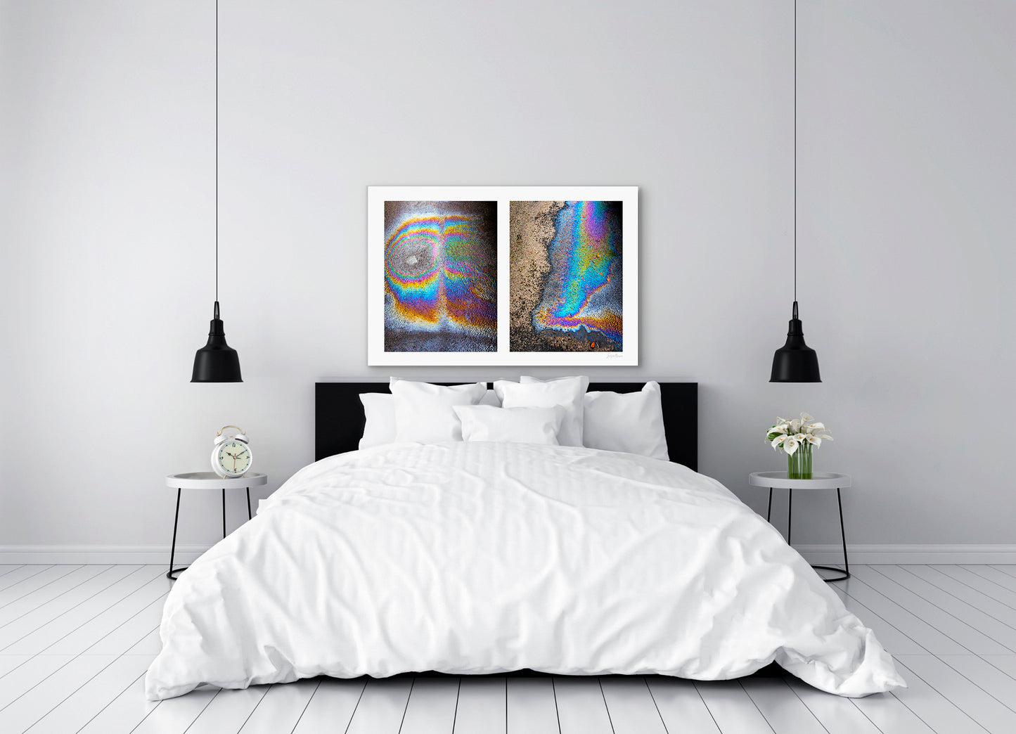 A diptych of two abstract photographs of oil spills on an asphalt surface, with vibrant multicolored patterns.