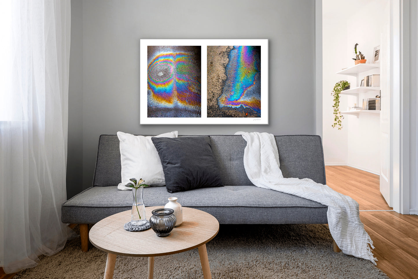 A diptych of two abstract photographs of oil spills on an asphalt surface, with vibrant multicolored patterns.