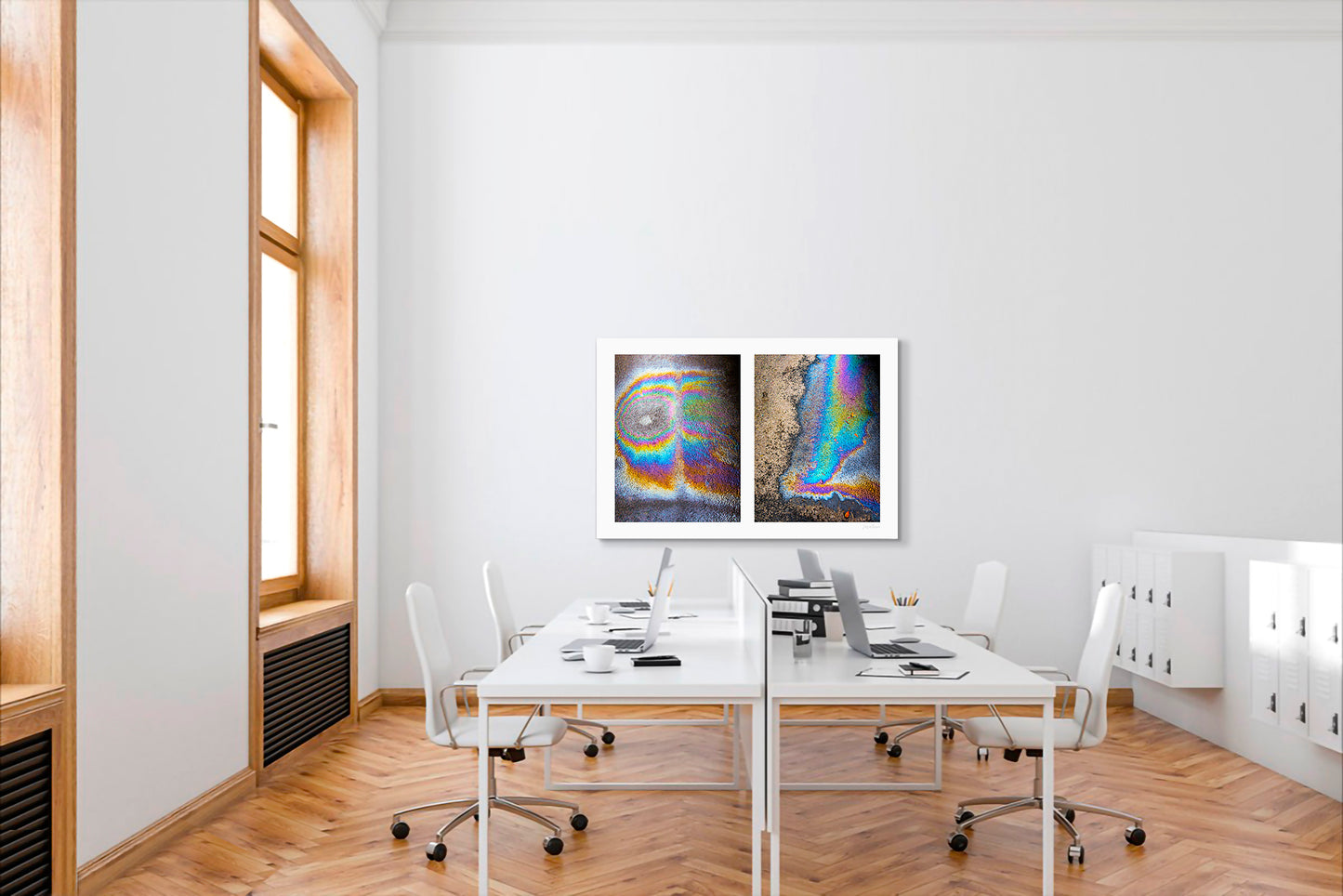 A diptych of two abstract photographs of oil spills on an asphalt surface, with vibrant multicolored patterns.