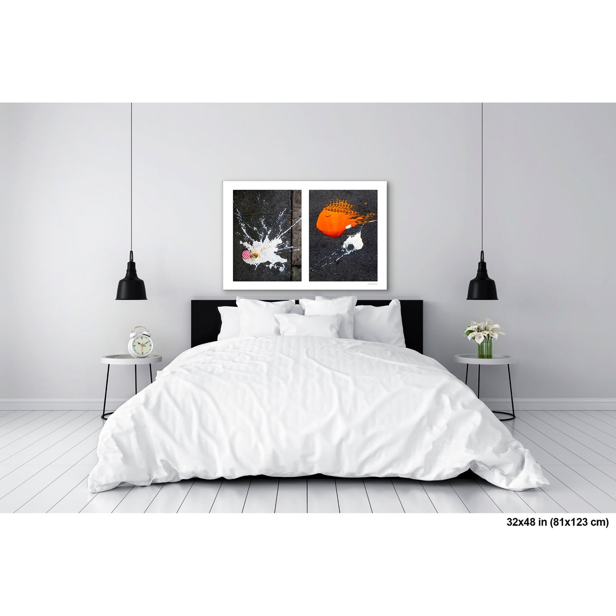 Dropped Cream and Orange Glob artwork by Susan Bowen, shown as 32x48 print. Features abstract diptych pairing a radiant white splatter with a bold orange paint spill on city pavement, two accidental forms in vivid contrast.
