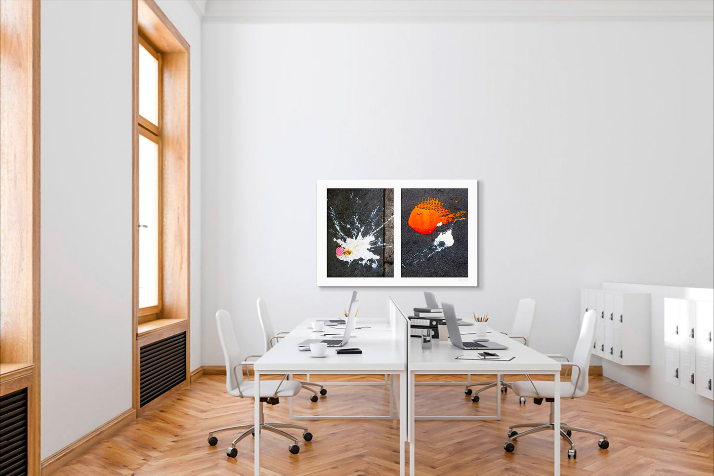 Abstraction of spills found on the ground (orange and white)