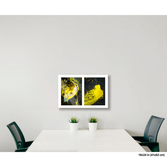 Yellow in Water and Fleeing Bug artwork by Susan Bowen, shown as 16x24 print. Features yellow pollen on water paired with a yellow paint spill on asphalt—a diptych uniting two vivid, organic street abstractions.