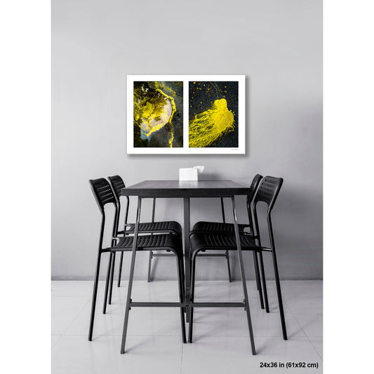 Yellow in Water and Fleeing Bug artwork by Susan Bowen, shown as 24x36 print. Features yellow pollen on water paired with a yellow paint spill on asphalt—a diptych uniting two vivid, organic street abstractions.