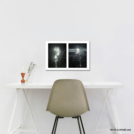 Chalk Dust on Street artwork by Susan Bowen, shown as 16x24 print. Features white paint specks scattered across dark asphalt form a celestial diptych, evoking star fields and deep-space imagery on city pavement.