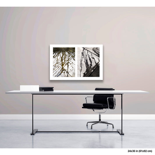 Up and Down artwork by Susan Bowen, shown as 24x36 print. Features tree reflections in a wet sidewalk film paired with cascading water streaks on concrete—a diptych of fluid movement and transience.