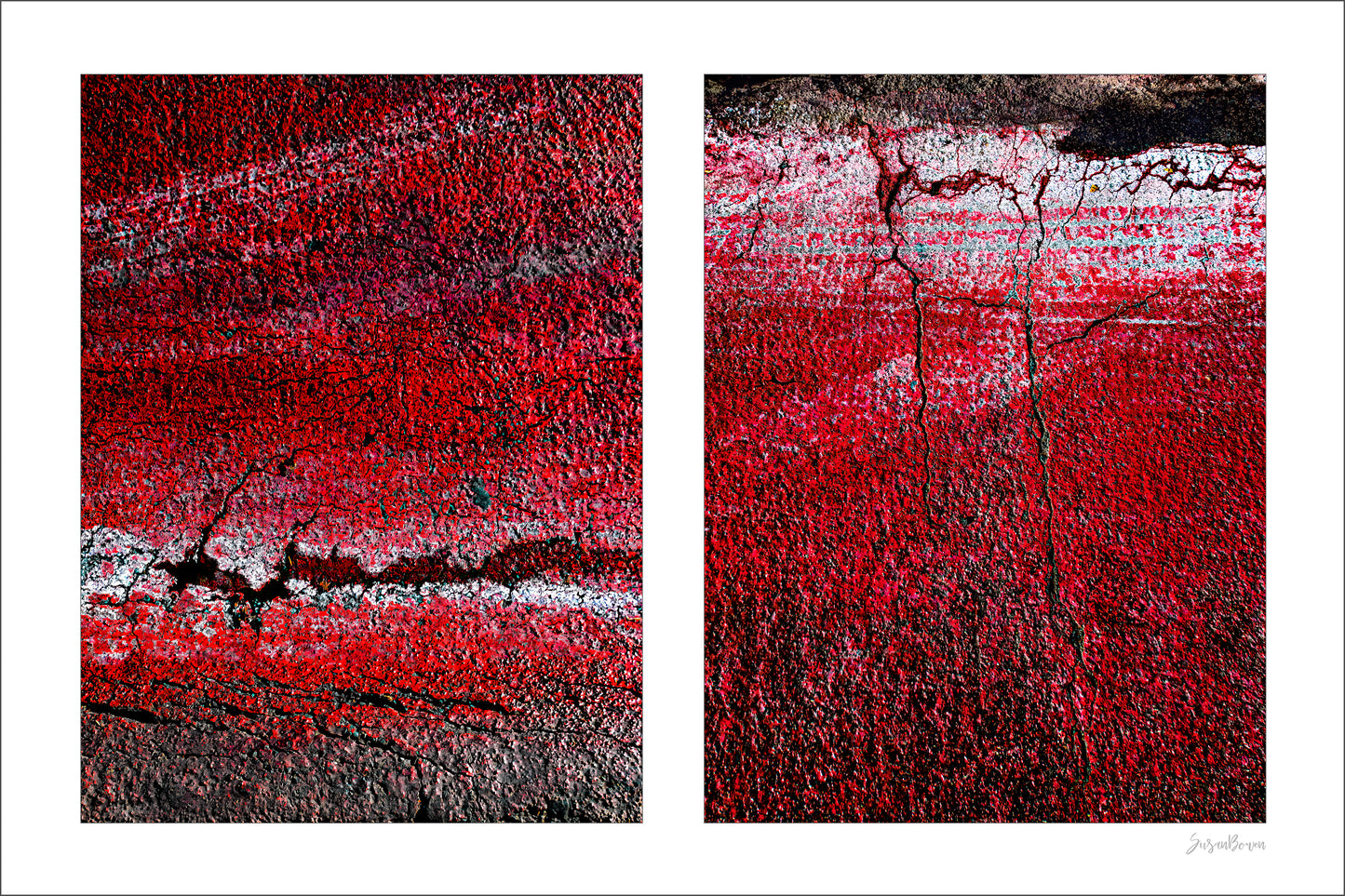 A diptych with two red panels, each featuring a textured surface with cracks and layered paint, resembling geological erosion and urban decay.