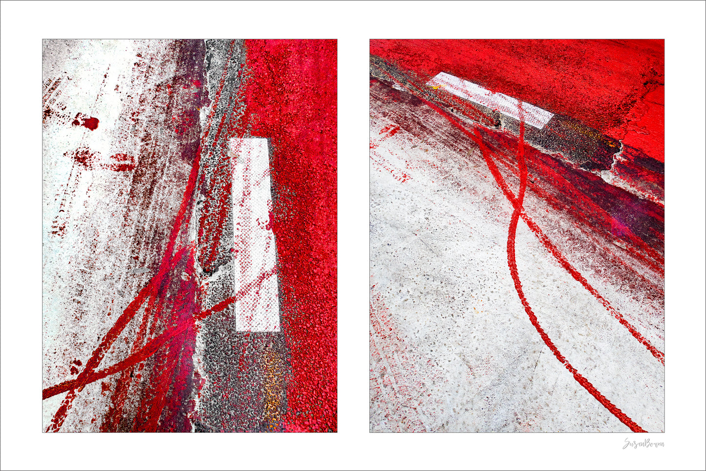 Abstract photograph diptych of red tire tracks and white lines