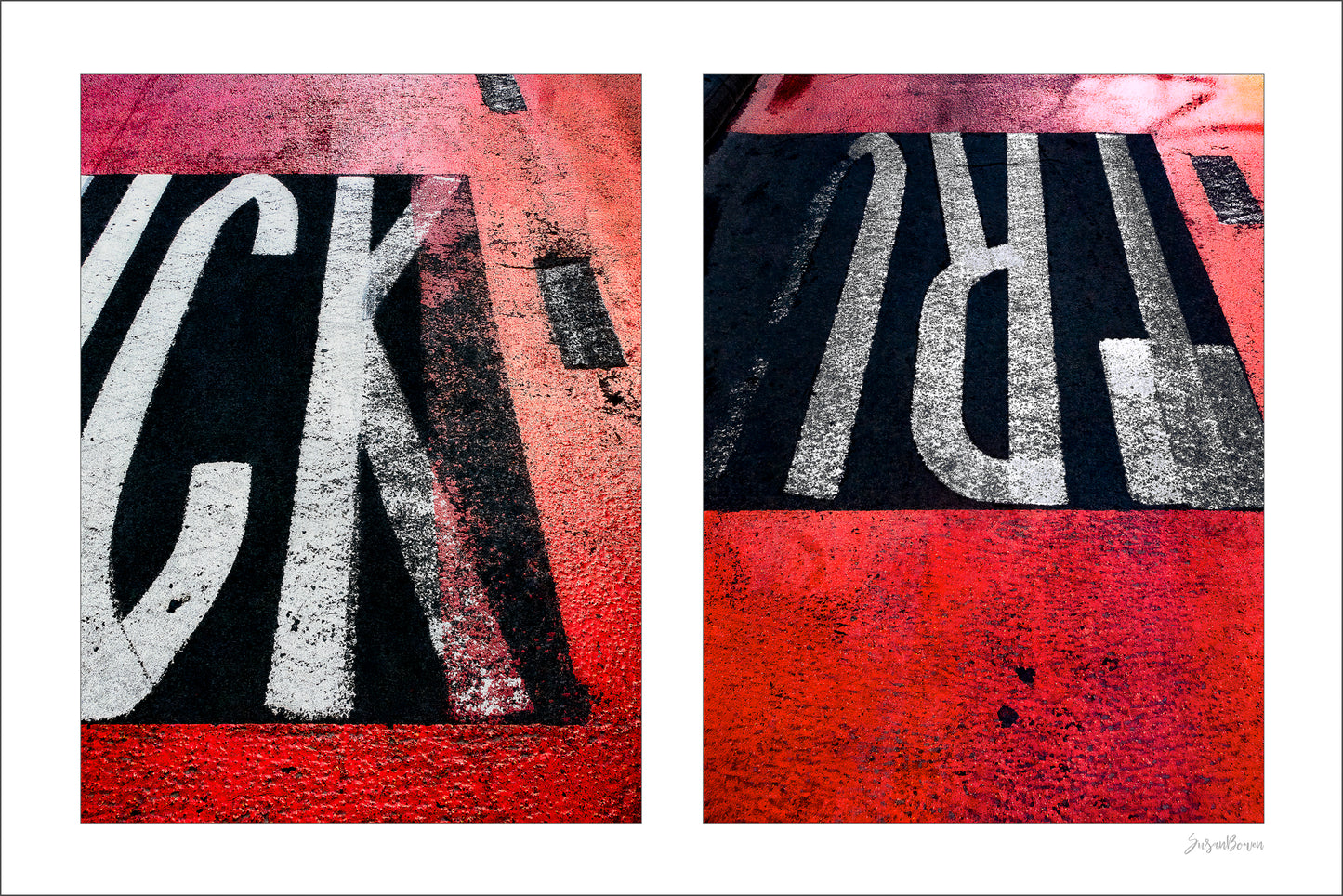 Abstract photograph diptych of red road markings