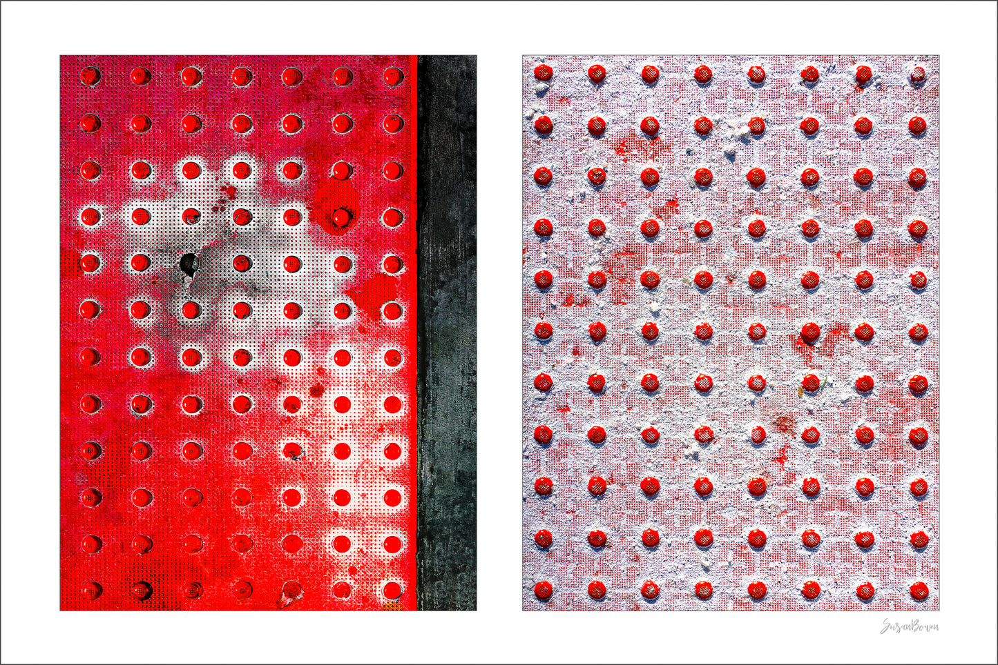 Abstract photograph diptych of red pedestrian safety dots