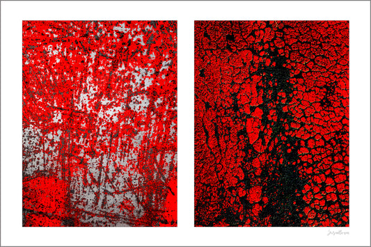 Two highly textured abstract photographs in red, black, and white on a white background.