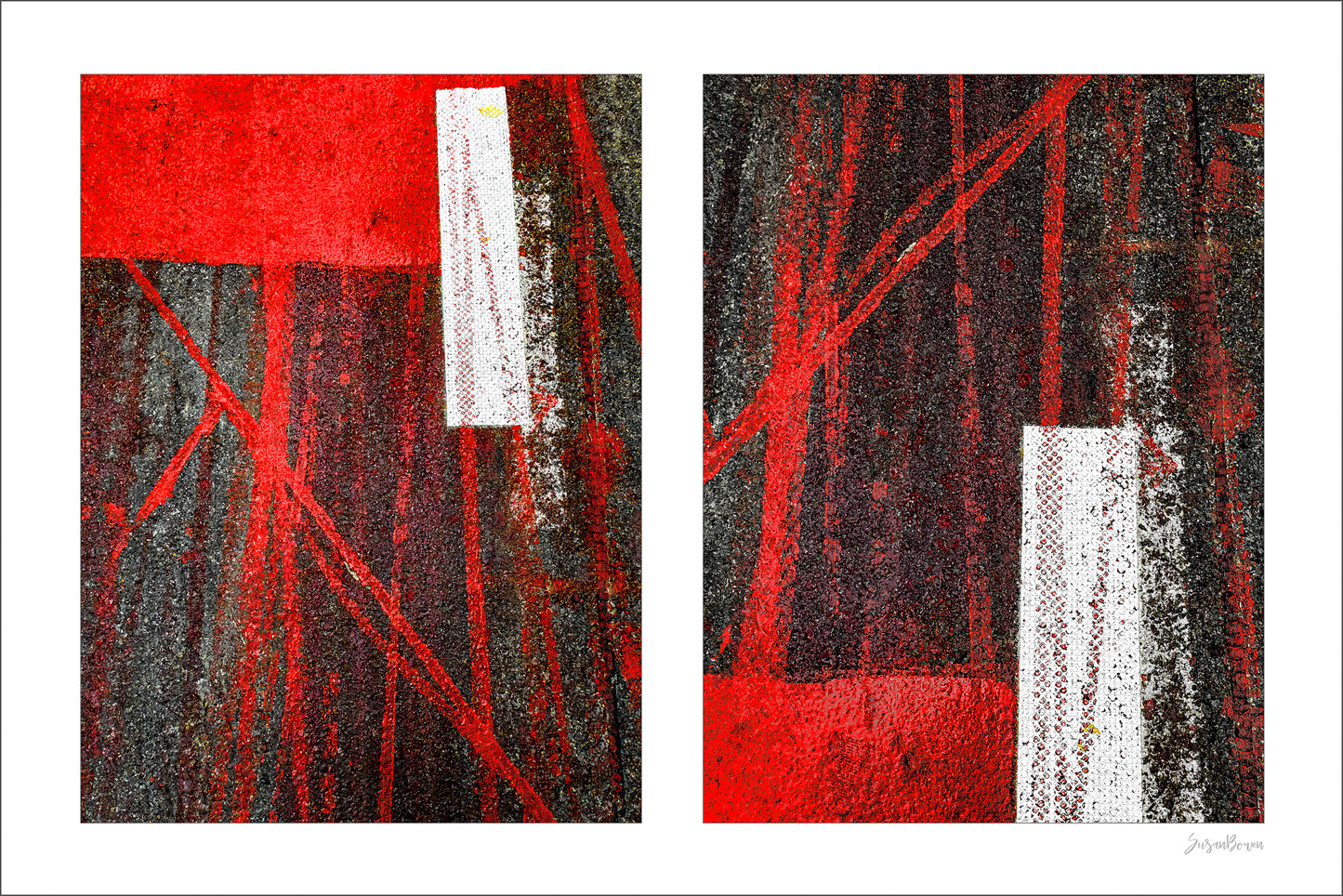 Abstract photograph diptych of red tire tracks and white lines