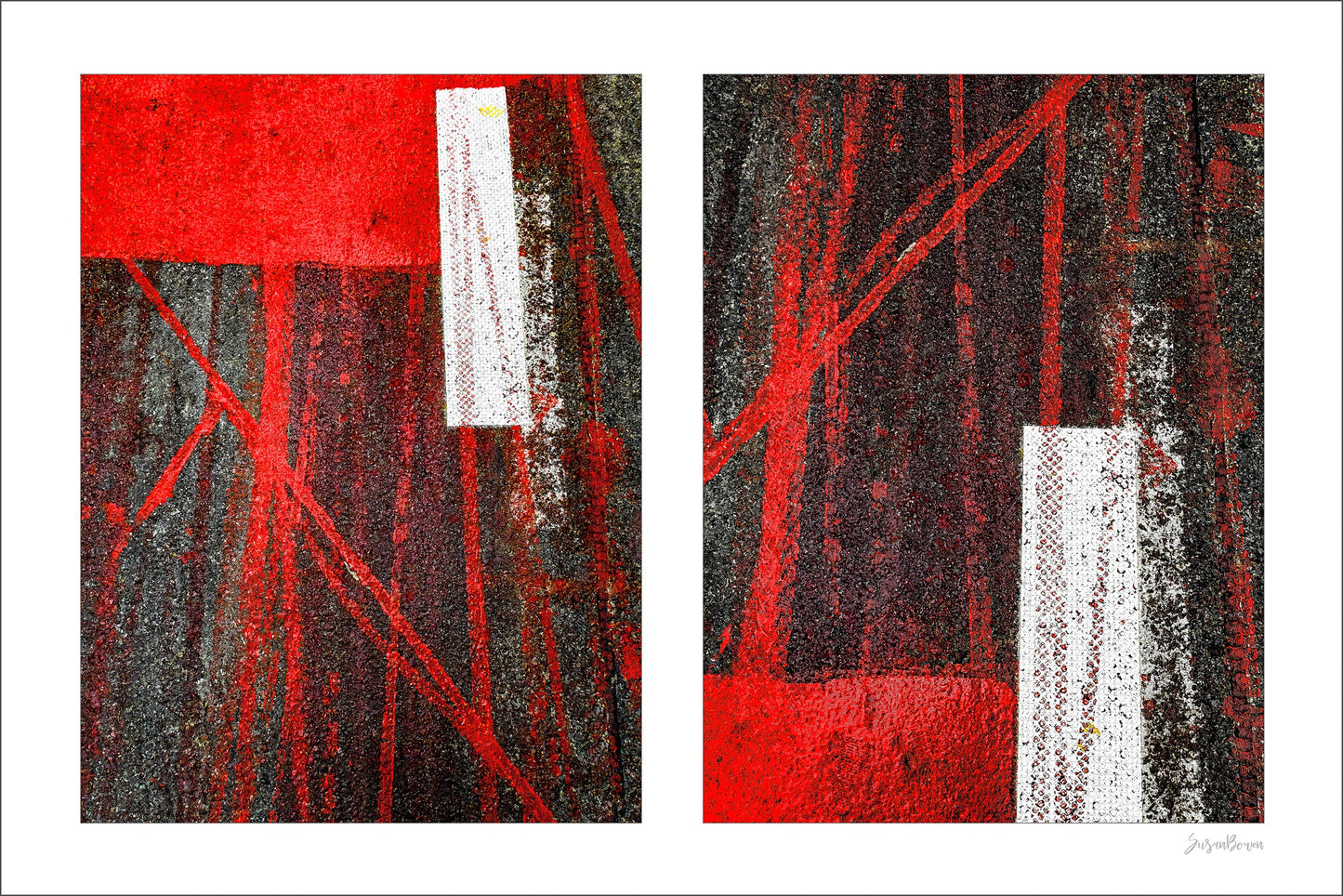 Abstract photograph diptych of red tire tracks and white lines