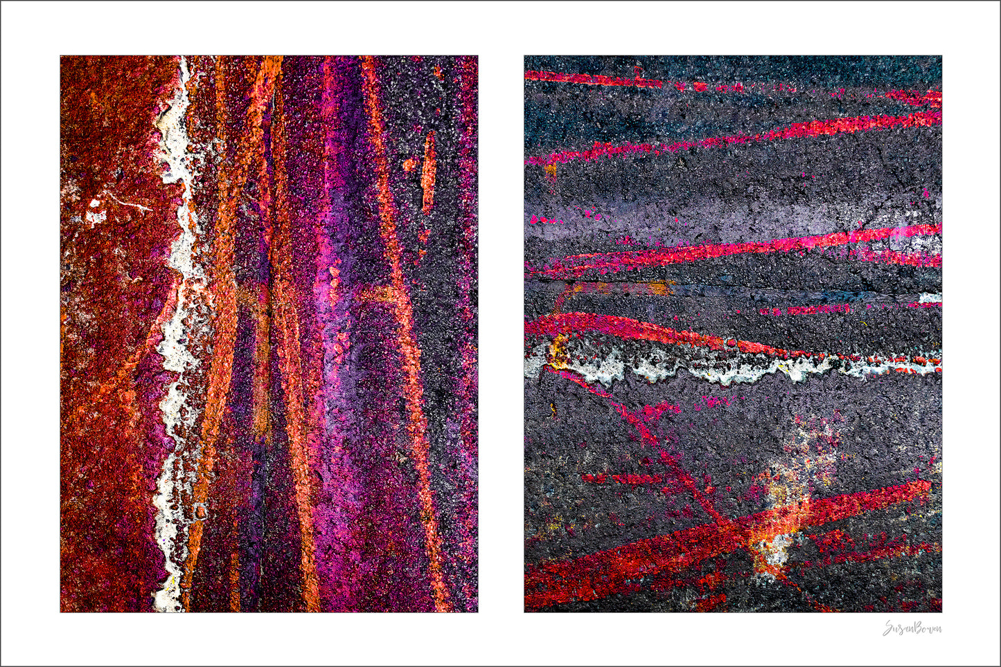 Abstract photograph diptych of colorful tire tracks on roadway
